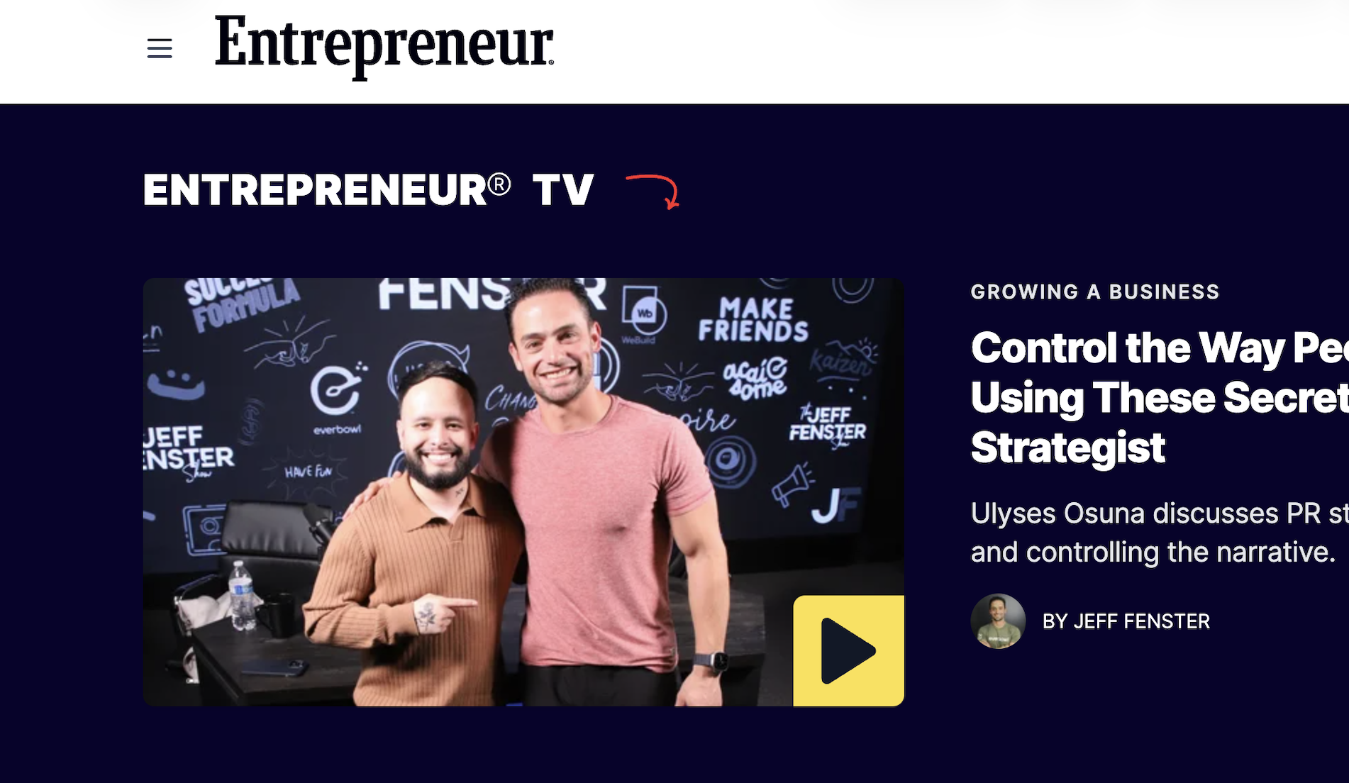 Screenshot of the Entrepreneur.com homepage featuring Ulyses Osuna.